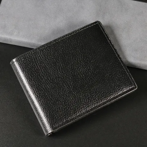 Portafoglio Bifold Da Uomo Corto Pelle PU Grana Litchi Business Casual Slot Per Carte Finestra Per Foto