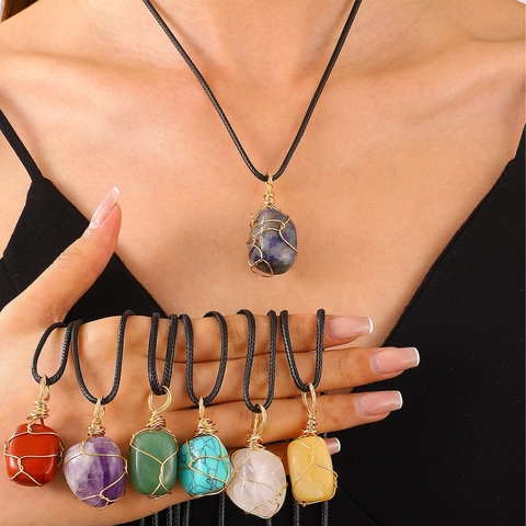 Boho Onregelmatige Draad Omwikkeld Natuursteen Hanger Halsketting Voor Vrouwen Handgemaakte Legering Kristal Helende Steen Sleutelbeen Ketting Sieraden Cadeau