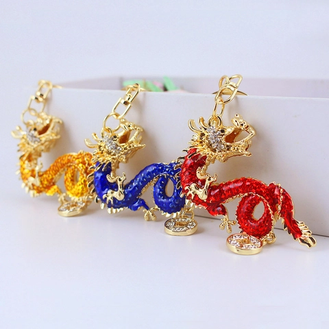 Draak Sleutelhanger Chinese Stijl Emaille Strass Zinklegering Geluksmunt Tas Charm Auto Accessoire Cadeau