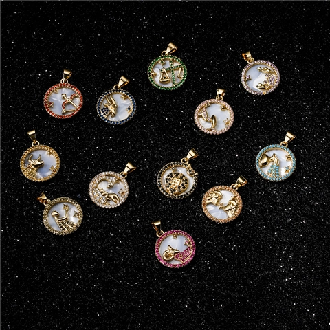 Collana Con Pendente Costellazioni Segno Zodiacale Placcato Oro Lega Conchiglia Strass Moneta Rotonda Gioielli Donna