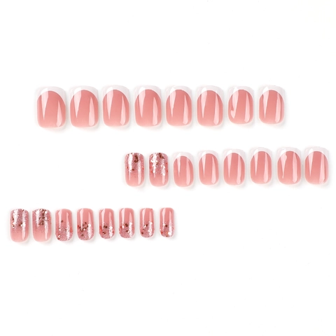 Acrylic French Tip White Press On Nails With Glitter Pink Sequins Square Oval Glossy False Nails For Women Daily Party Nail Art