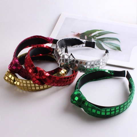 Sequin Knotted Wide Brim Headband Sparkling Fabric Hair Accessory For Women Fashionable Square Mosaic Pattern Design