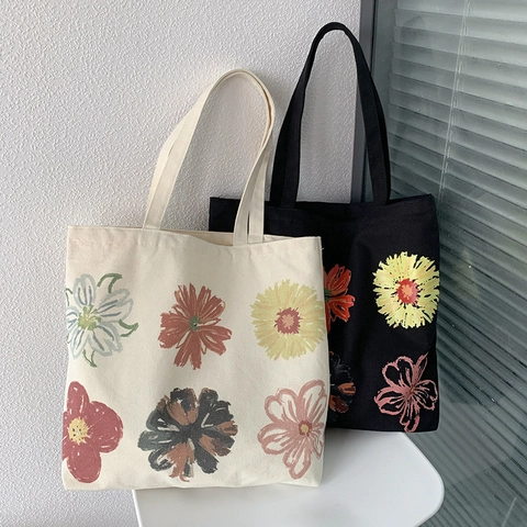 Floral Print Canvas Tote Bag Zipper Large Capacity Shoulder Handbag Artistic Aesthetic For Women Girls Daily Casual School Bag