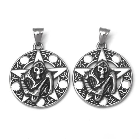 Edelstahl Sensenmann Pentagramm Anhänger Halskette Vintage Gothic Punk Hohl Rund Schmuck Für Herren Damen