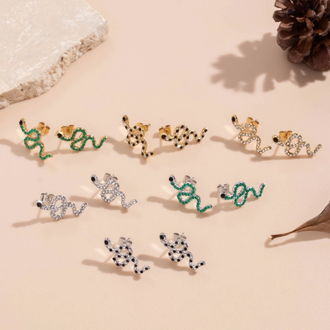 Snake Stud Earrings Stainless Steel With Zircon Micro Pave Animal Shape Punk Rock Style For Women Jewelry Accessories