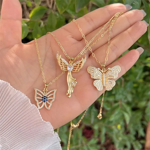 Schmetterling Engel Flügel Herz Anhänger Halskette 18K Vergoldet Kupfer Bunter Zirkonia Design Schmuck Für Damen