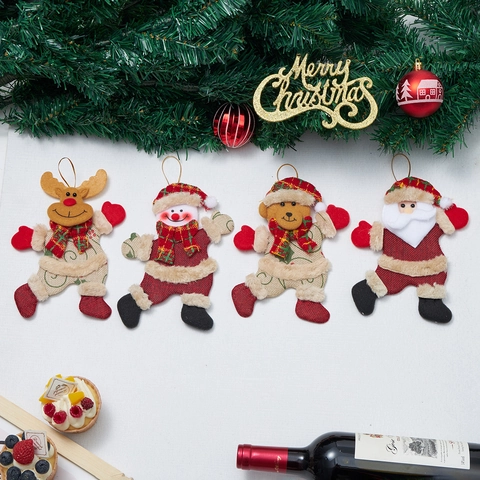 Christmas Hanging Ornaments Fabric Dolls Santa Snowman Reindeer Bear Burlap Plush Holiday Tree Decorations With Gold String