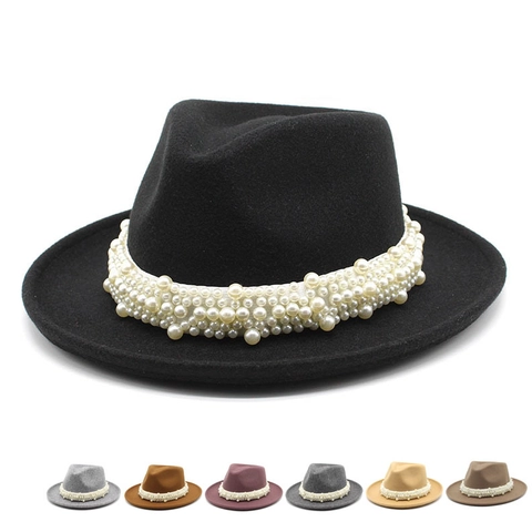 Mujeres Hombres Clásico Sombrero Fedora de Fieltro de Lana Ala Ancha Decorado con Perlas Artificiales Sombrero Jazz Elegante Color Sólido Otoño Invierno Accesorio