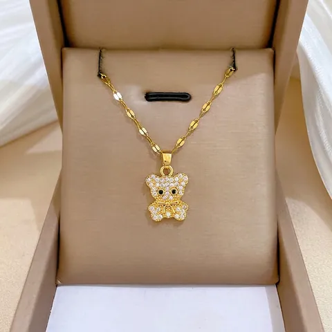 Teddy Bear Pendant Necklace Titanium Steel Chain Copper Full Zircon Inlaid Clavicle Chain Jewelry For Women Girls