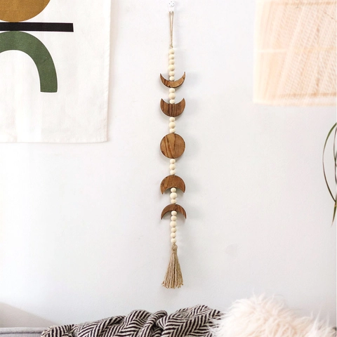 Arazzo da Parete Boho Fasi Lunari in Legno Con Nappe in Cotone Ghirlanda Perline Nordico Retro Intrecciato a Mano Decorazione Casa