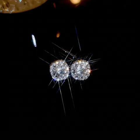 Sparkling Zircon Square Stud Earrings With Silver Earring Post Elegant Halo Style Copper Jewelry For Women