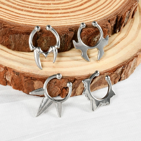 Stainless Steel Fake Septum Nose Ring Non Pierced Clip On U Shaped Punk Gothic Bat Wings Vampire Fangs Jewelry Unisex