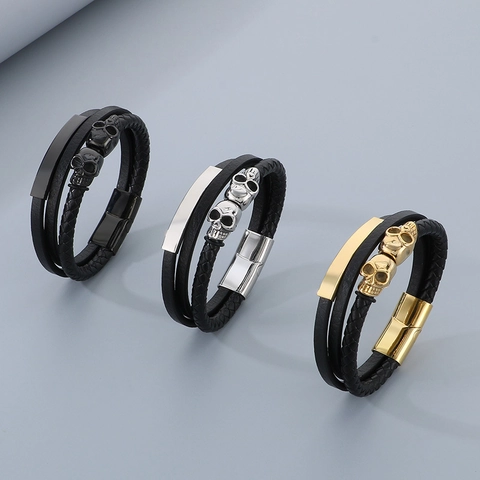 Bracciale Multistrato In Pelle Intrecciata Da Uomo Acciaio Inossidabile Teschio Chiusura Magnetica Gioielli Punk Rock