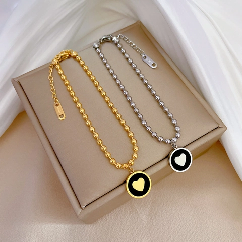 Bracciale A Catena Con Sfere In Acciaio Inossidabile Con Pendente A Cuore Disco Smaltato Rotondo Gioielli Regolabili Per Donna