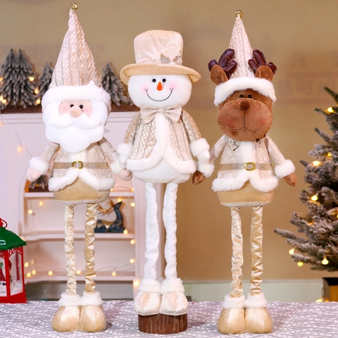 Weihnachts Weihnachtsmann Schneemann Rentier Plüschpuppe Teleskopbeine Stehend Champagnergold Festliche Hausdekoration