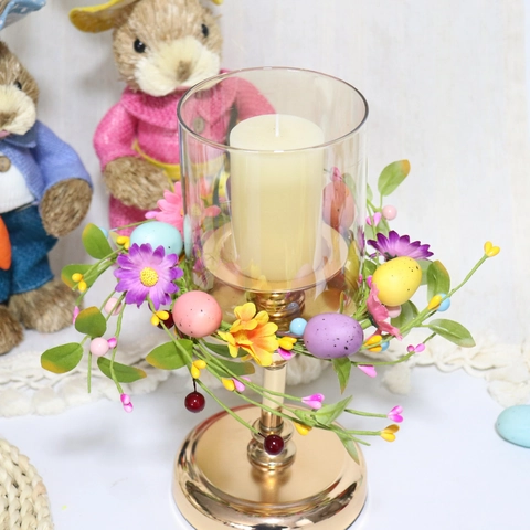 Easter Egg Flower Wreath Candle Ring Artificial Daisy Berries Green Leaves Spring Pastoral Table Decor Home Party