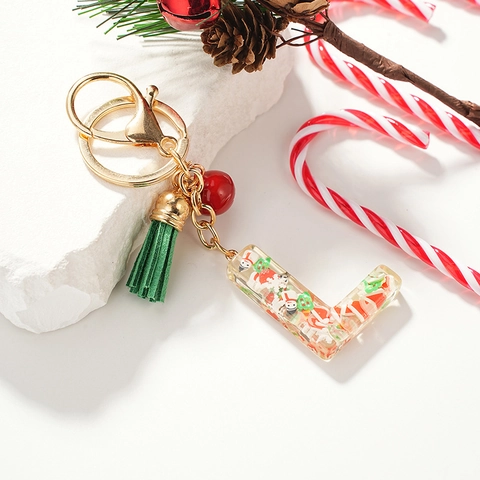 Portachiavi Lettera Dell'Alfabeto Di Natale L Ciondolo In Resina Con Paillettes Pupazzo Di Neve Campanello Di Metallo Nappa Verde