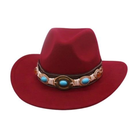 Kinder Western Cowboy Fedora Hut Polyester Filz Ethno Gürtel Türkis Edelstein Retro Breite Krempe Bühne Jazz Hut