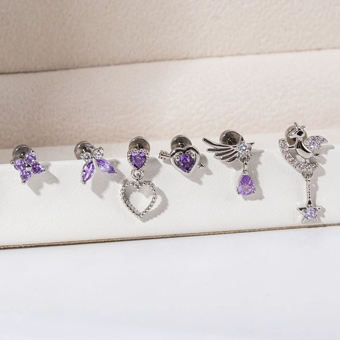 Titanium Steel Purple Cubic Zirconia Ear Studs Butterfly Heart Screw Back Cartilage Earrings Dainty Jewelry For Women