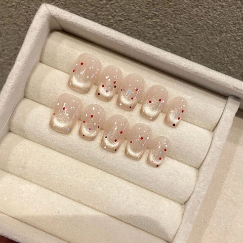 Unghie Finte a Pressione Occhio di Gatto Fatte a Mano Design Vintage Francese a Pois Corte Quadrate Arrotondate per Donna Manicure