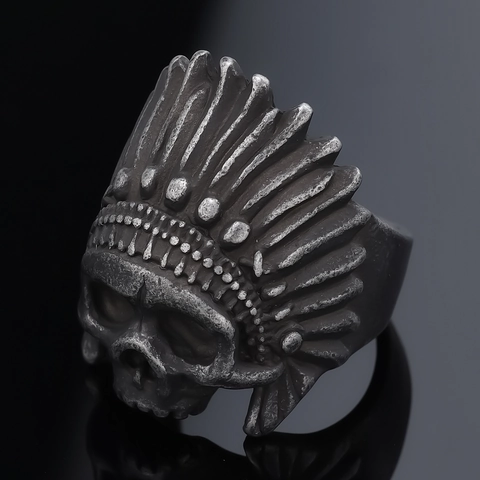 Bague Crâne En Acier Inoxydable Vintage Avec Coiffe Indienne Style Gothique Biker Punk Pour Hommes Bijoux Halloween
