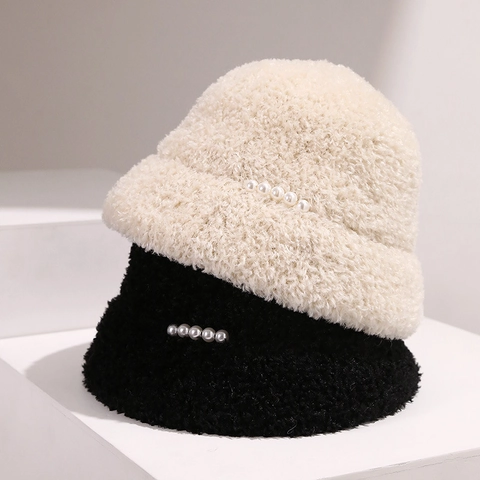Women Winter Warm Bucket Hat Faux Lamb Wool Plush Basin Hat With Elegant Faux Artificial Pearls Windproof Solid Color Simple