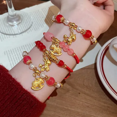 Braided Red String Bracelet Alloy Zodiac Horse Pendant Colorful Beads Drawstring Adjustable Traditional Style Jewelry For Women