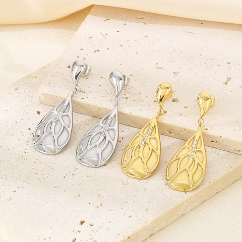 Pendientes Colgantes De Acero Inoxidable 316L Con Circonita Forma Lágrima Textura Irregular Vena De Hoja Joyería De Moda Para Mujeres