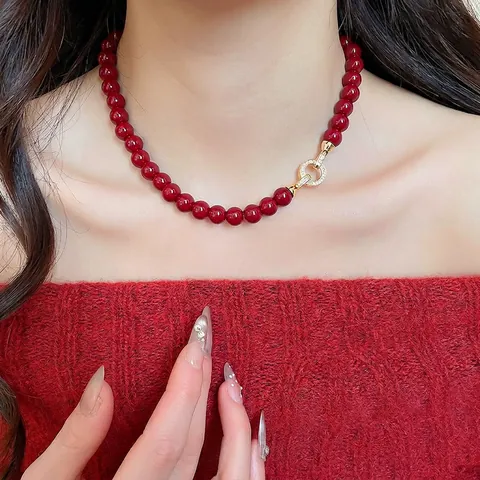 Collana Di Perle In Acrilico Rosso Vintage Chiusura Rotonda In Lega Con Zirconi Incastonati Elegante Catena Da Donna