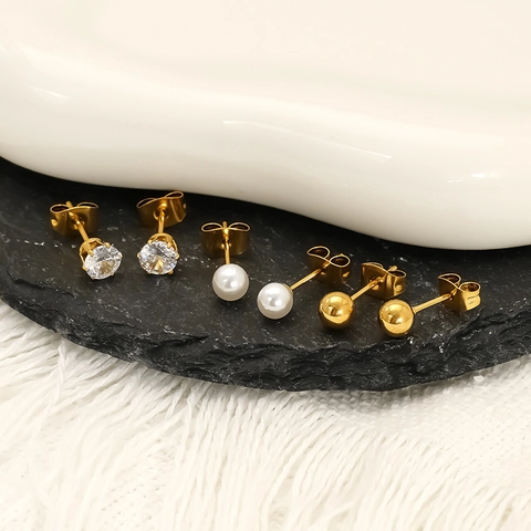 Titanium Steel Gold Stud Earrings Set With Rhinestone Artificial Pearl Geometric Circular Earrings For Women Waterproof Jewelry