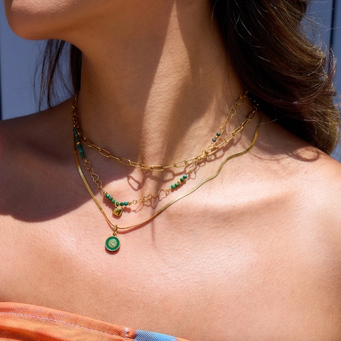 Stainless Steel Heart Necklace Natural Green Stone Beads Hollow Chain Waterproof Hypoallergenic Chic Jewelry For Women