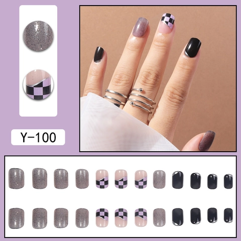 Checkerboard Press On Nails Transparent Black Short Square Fake Nails Glitter Purple French Style DIY Manicure For Women