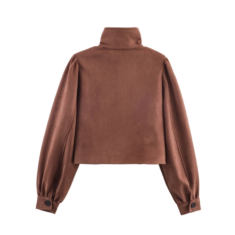 Women Suede Texture Short Jacket Stand Collar Puff Sleeve Single Breasted Retro Autumn Outerwear