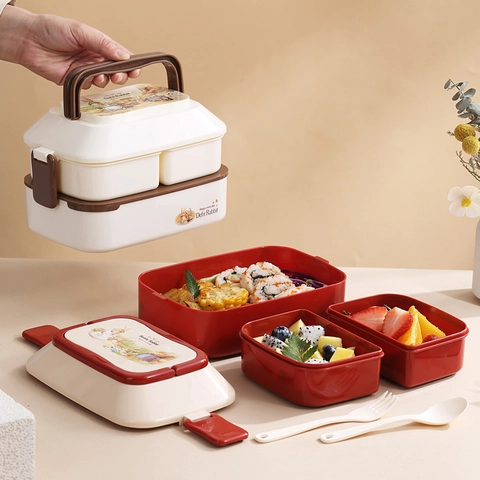 Layered Lunch Box Portable Microwaveable PP Plastic Bento Case With Handle Cartoon Rabbit For Kids School Office