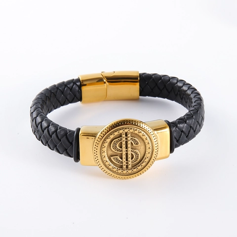 Bracciale In Pelle Intrecciata Da Uomo Con Segno Del Dollaro In Oro Acciaio Inossidabile Chiusura Magnetica Gioielli Hip Hop
