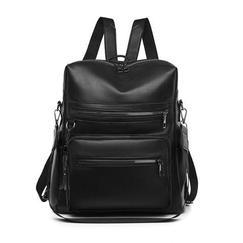 Mochila De Mujer De Cuero PU Suave Moda Vintage Multi Bolsillos Gran Capacidad Impermeable Viaje Escuela Con Borla