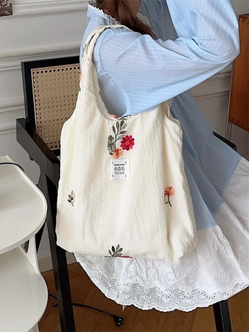 Vintage Canvas Tote Bag Floral Embroidery Large Capacity Casual Shoulder Handbag For Women French Style Aesthetic
