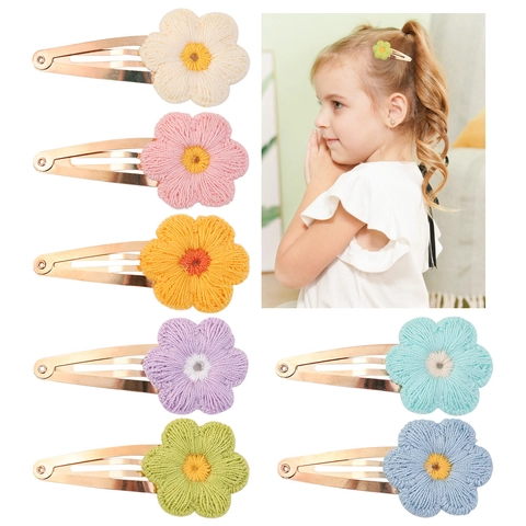 Süße Gestrickte Blumen Haarklammern Macaron Bonbonfarben Handgemachte Baumwollgarn Snap Clips Für Kinder Mädchen Haarschmuck