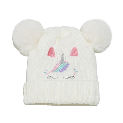 Kids Unicorn Embroidery Knitted Beanie Hat Double Pom Poms Fleece Lined Winter Warm Acrylic Soft For Girls