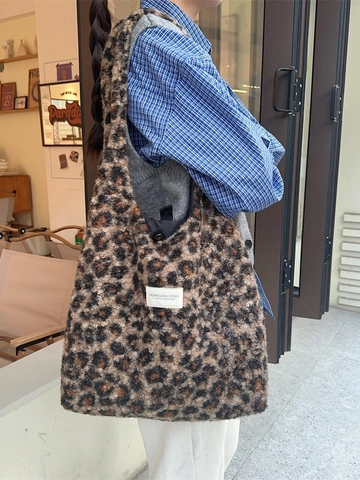 Sac Bandoulière En Peluche Léopard Fausse Fourrure Grand Fourre-tout Pour Femmes Mode Automne Hiver Style Coréen