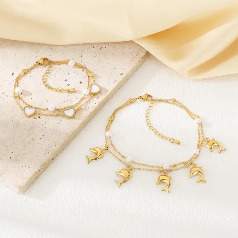Dubbellaagse Roestvrijstalen Armband En Enkelband Met Hart Dolfijn Hangers En Imitatieparels Strand Oceaan Stijl Voor Vrouwen