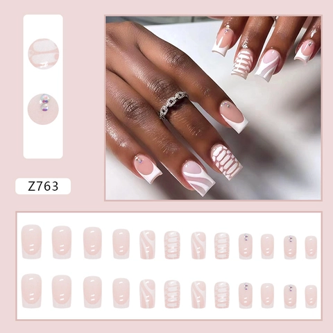 Press On Nails Square White French Tip Bone Pattern Rhinestone Minimalist Sweet Style Fake Nails For Women