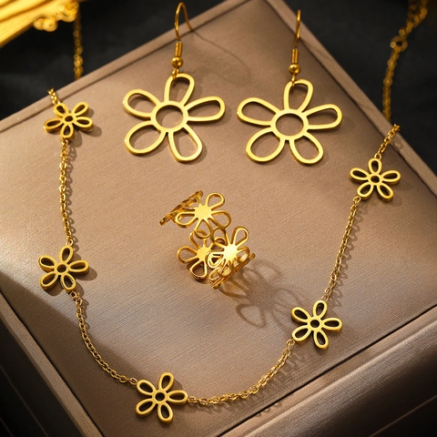 Bloemen Sieradencollectie Roestvrij Staal Holle Florale Ketting Haak Oorbellen Open Ring Minimalistisch Elegant Dames