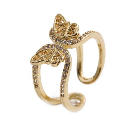 Verstellbarer Schmetterling Ring Kupfer Zirkonia Mikro Pave Vergoldet Koreanisch Elegant Schmuck Damen