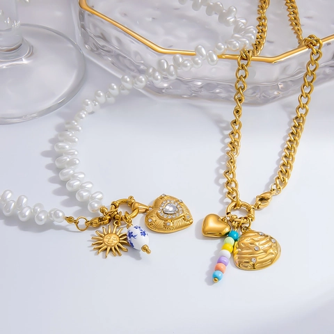 18K Vergoldete Edelstahl Herz Anhänger Halskette Für Damen Wasserdicht Strass Künstliche Perle Alphabet Perlen Schmuck