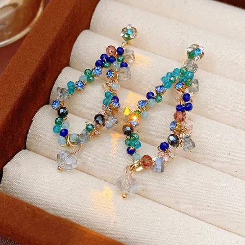Vintage Multi-Color Glass Crystal Beaded Drop Earrings With Silver Earring Post Hand-Woven Bohemian Tassel Jewelry Women