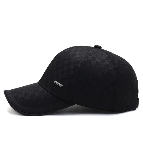 Men Winter Warm Baseball Cap Fleece Lined Checkerboard Textured Outdoor Sport Hat Adjustable Strap Metal Plate Decor