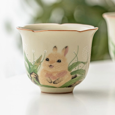 Tazza Da Tè In Ceramica Ru Ware Forma Di Petalo Smalto Craquelé Modello Di Coniglio E Tarassaco Dipinto A Mano Novità