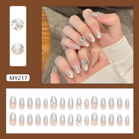 Silver Cat Eye Press On Nails French Style With Artificial Pearls Rhinestones 3D Ripple Almond Shape Artificial Nails For Women