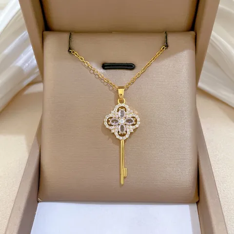 Collana Con Ciondolo A Chiave Quadrifoglio Catena In Acciaio Inossidabile Rame Zircone Gioielli Eleganti Donna